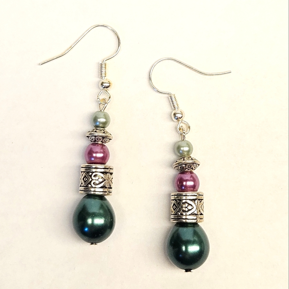 Purple and Green Faux Pearl Beaded Earrings